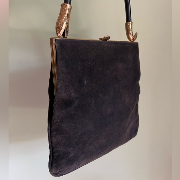 Vintage Suede Handbag, Snake Handle, Genuine Leather Purse - Picture 2 of 8